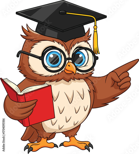 Cartoon owl wearing graduation cap and glasses holding red book, pointing wing, educational bird character for school, learning, and wisdom design