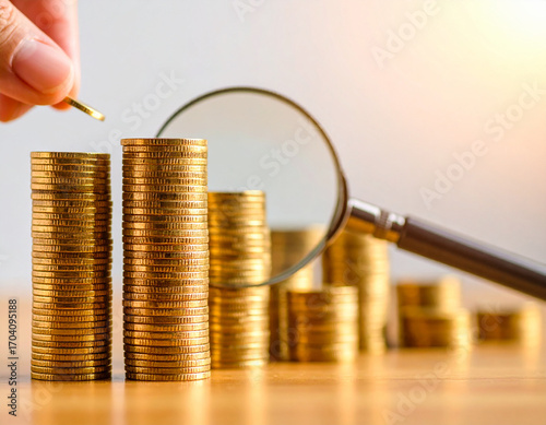 Golden Coins Stacked with Magnifying Glass and Hand Adding Coin - Finance Concept