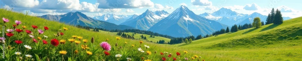 Fototapeta premium Rolling hills, wildflowers, distant snow-capped peaks, green, travel