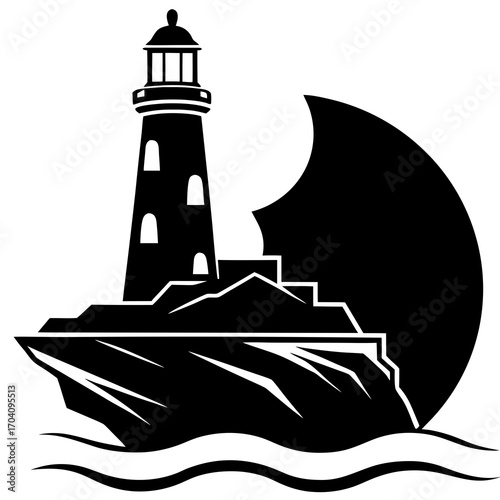 Black lighthouse on rocky cliff above ocean waves vector