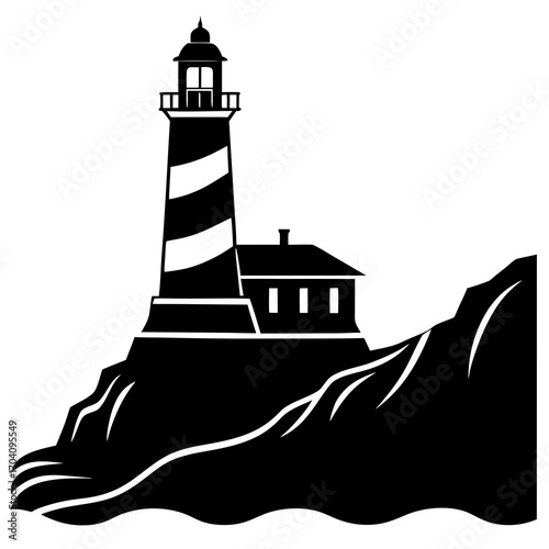 Black lighthouse structure on rocky shore silhouette
