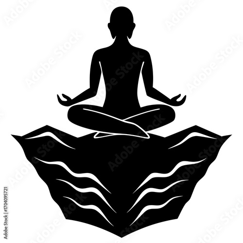 Black silhouette meditating figure on abstract rock