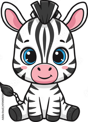 Cute cartoon baby zebra with blue eyes, pink snout, sitting pose, smiling face vector for children, nursery, and educational design