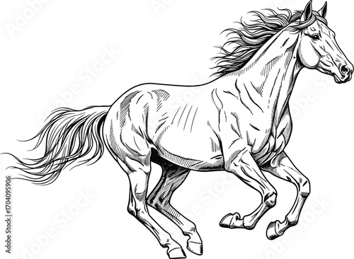 Detailed black and white line drawing of galloping horse showcasing anatomy, motion, and equine power for vector art and educational use
