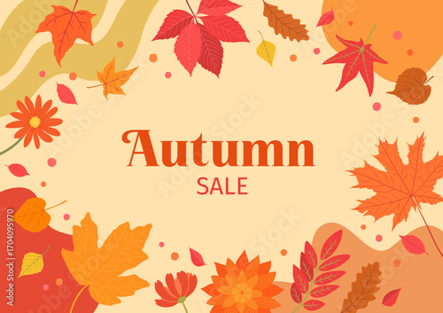 Autumn sale banner with leaves frame. Fall border and copy space. Maple leaf, oak, rowan branch on beige backdrop. Hand drawn botanical design. Orange, red, brown, yellow autumnal colorful template.