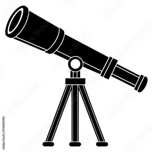 Black telescope on tripod angled upward white scientific instrument