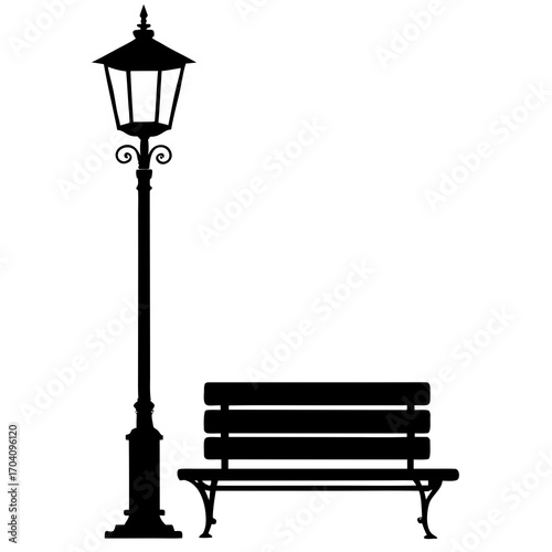 Classic street lamp and park bench silhouette outdoor