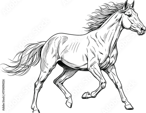 Realistic black and white line drawing of galloping horse showcasing motion, anatomy, and equine power for vector art and educational use