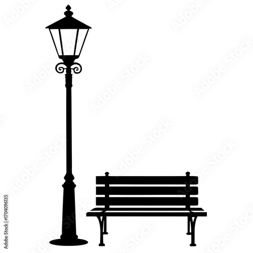 Classic street lamp and park bench silhouette black and white
