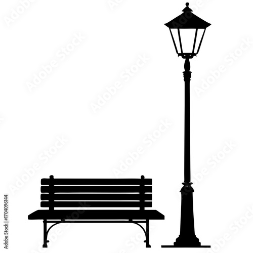 Classic street lamp and park bench silhouette vintage