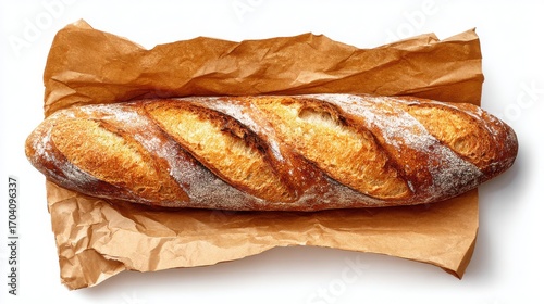 Beautiful photo of resh baguette french in brown paper bag on png isolated white background transparent in top view.