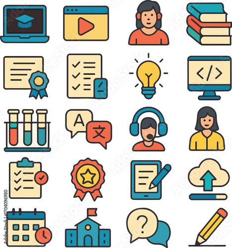 Educational online learning icons for digital education and training