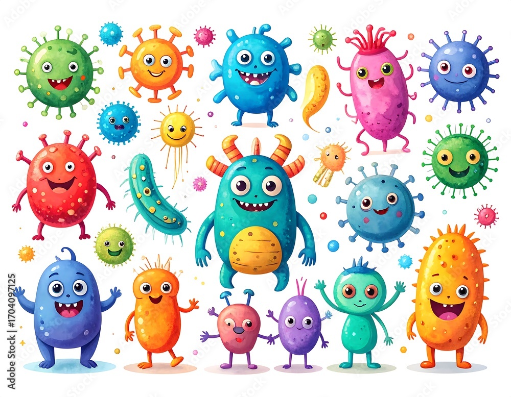 Obraz premium Cartoon microbes in bright colors