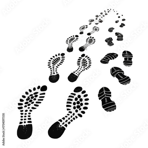 Footprint trail illustration showing a path of shoe prints fading into the distance on white background