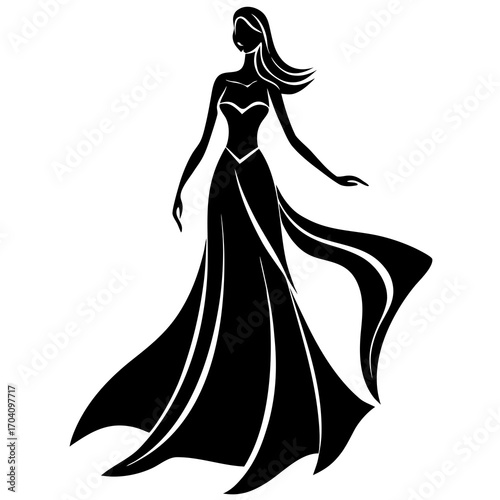 Elegant woman flowing dress silhouette long hair