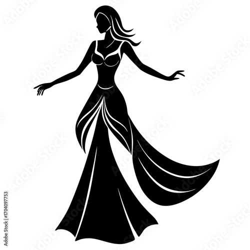 Elegant woman in flowing gown silhouette flowing dress