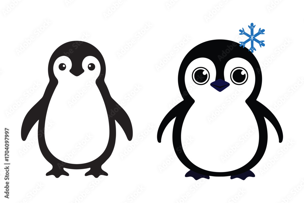 Fototapeta premium Charming Penguin Duo Black and White Cartoon Birds with Snowflake
