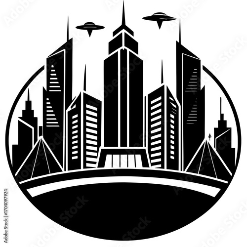 Futuristic city skyline with flying saucers skyscrapers