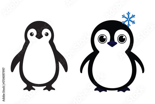 Charming Penguin Duo Black and White Cartoon Birds with Snowflake
