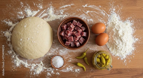Rustic Pastrmajlija Ingredients Flat Lay for Traditional Balkan Baking