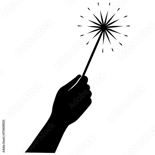 Hand holding lit sparkler silhouette vector