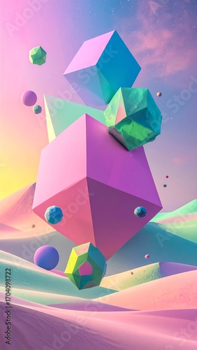 Pastel geometric shapes in a desert landscape