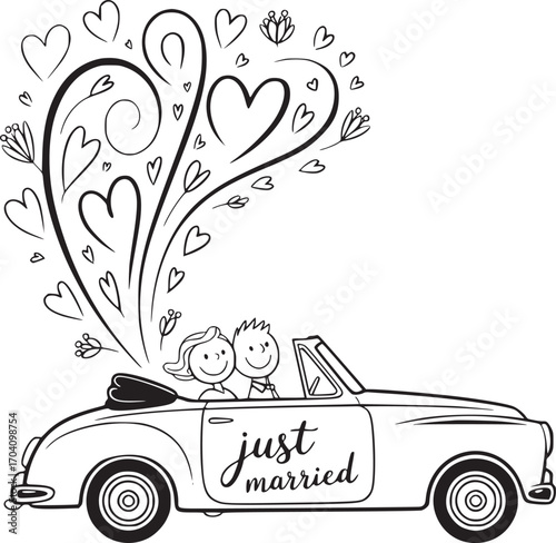 Just Married Joy Ride: A whimsical illustration captures the essence of a newlywed couple embarking on their journey together in a classic car, surrounded by symbols of love and celebration.