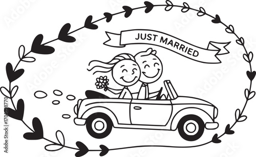 Sweet Wedding Ride: A charming line art captures a joyous couple, newly wed, cruising in a classic convertible, framed by a delicate floral wreath, symbolizing love and new beginnings.