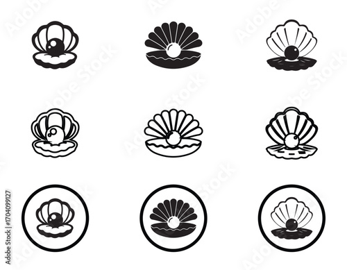 Oyster icons set, simple oyster and pearl logo, Silhouette of pearl in oyster shell icon design, Various silhouettes of pearl oyster shells, vector illustration EPS 10.
