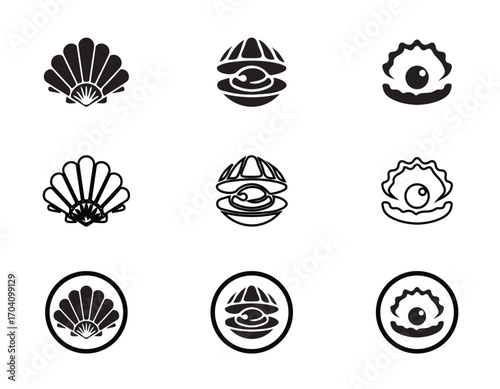 Oyster icons set, simple oyster and pearl logo, Silhouette of pearl in oyster shell icon design, Various silhouettes of pearl oyster shells, vector illustration EPS 10.
