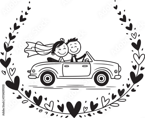 Wedding Day Adventure: An enchanting illustration captures the joy of a newlywed couple embarking on their journey together in a classic convertible car, framed by a delicate wreath of hearts.