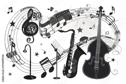 Musical instruments including a saxophone, bass, and musical notes on a white background design art