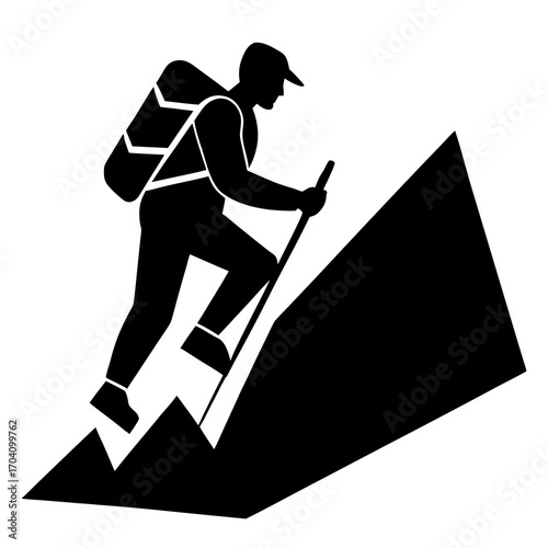 Hiker climbing mountain slope with backpack and pole