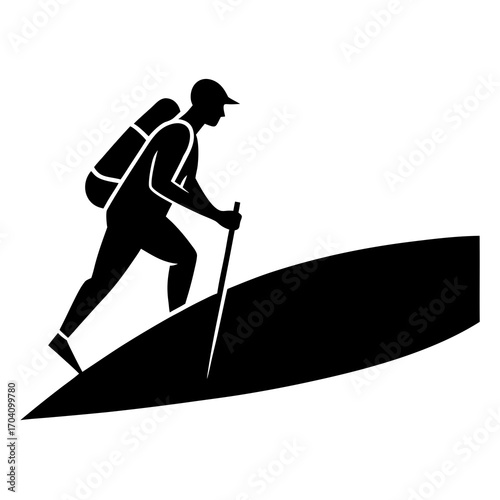 Hiker with backpack and pole ascending silhouette climbing