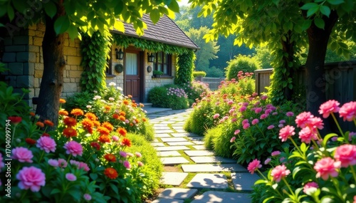 Stone pathway winds through blooming cottage garden, summer sunlight , home, idyllic, flower garden