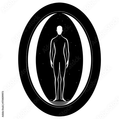 Human figure inside oval frame with stars human silhouette