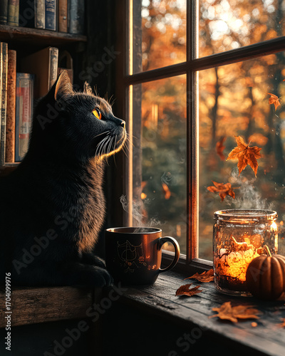 Cute black cat sits by the window with tea on halloween night adding cozy yet spooky charm Halloween celebration concept