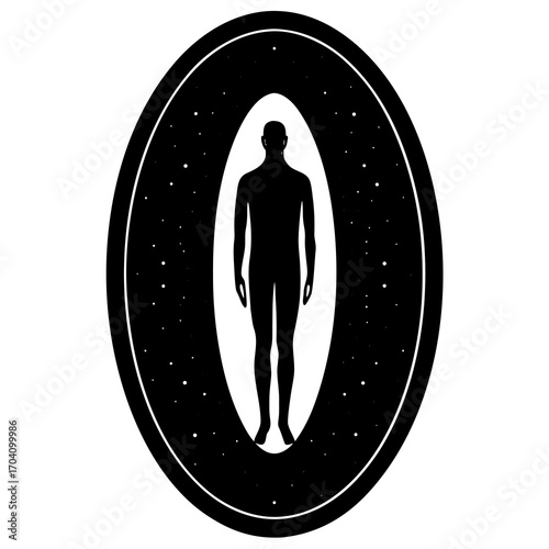 Human figure within oval cosmic space silhouette