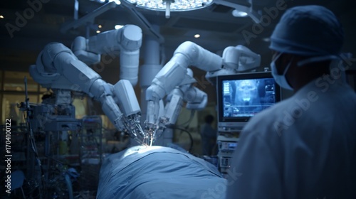Robotic surgery in a hospital operating room with a doctor in scrubs