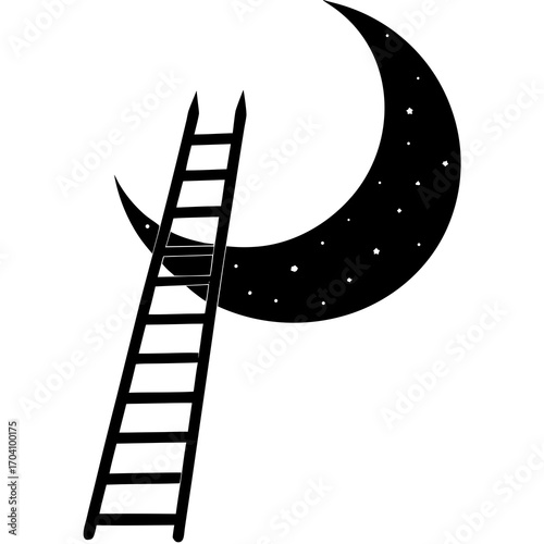 Ladder reaching crescent moon with stars night