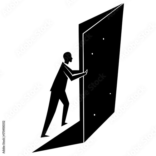 Man pushing open tall dark door silhouette figure