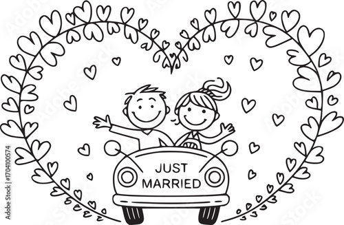 Love's Journey: A joyful pair in their Just Married car, framed by a heart of blossoms, embark on their shared adventure, an expression of matrimonial happiness.