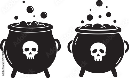 Two halloween cauldrons with skull silhouette