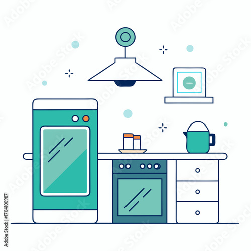 Modern kitchen counter with appliances and touch screen