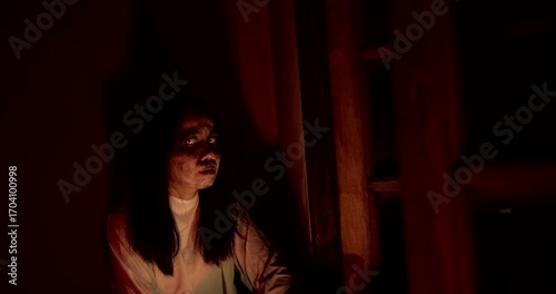 Horror scene of a person Mysterious Figure Asian ghost woman creepy have long hair looking to camera in Nighttime Scene with Eerie Red Light, festival Halloween