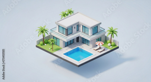 Isometric modern house with swimming pool and palm trees on a minimalist architecture and design concept for real estate