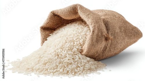 Beautiful photo of vibrant photo of white rice in a brown bag, isolated on a white background, in a simple style, as a PNG image. A large pile of raw rice grains is pouring out.