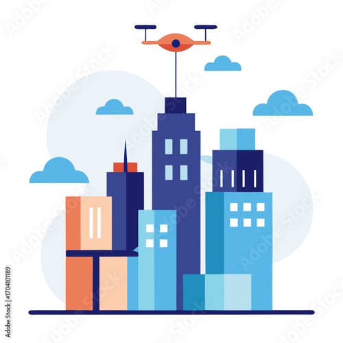 Orange drone flying over blue skyscrapers delivery