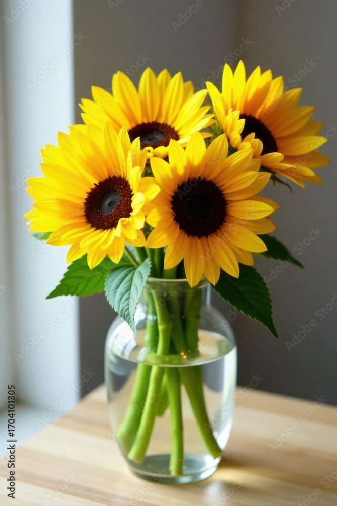 Fototapeta premium Sunflowers burst in clear glass vase Elegant summer bouquet , vibrant, petals, rustic