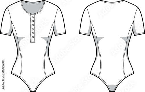 Women’s short sleeve bodysuit flat sketch, front and back view, buttoned neckline, fitted design, casual fashion, seamless style, versatile clothing, apparel template, feminine wear.
